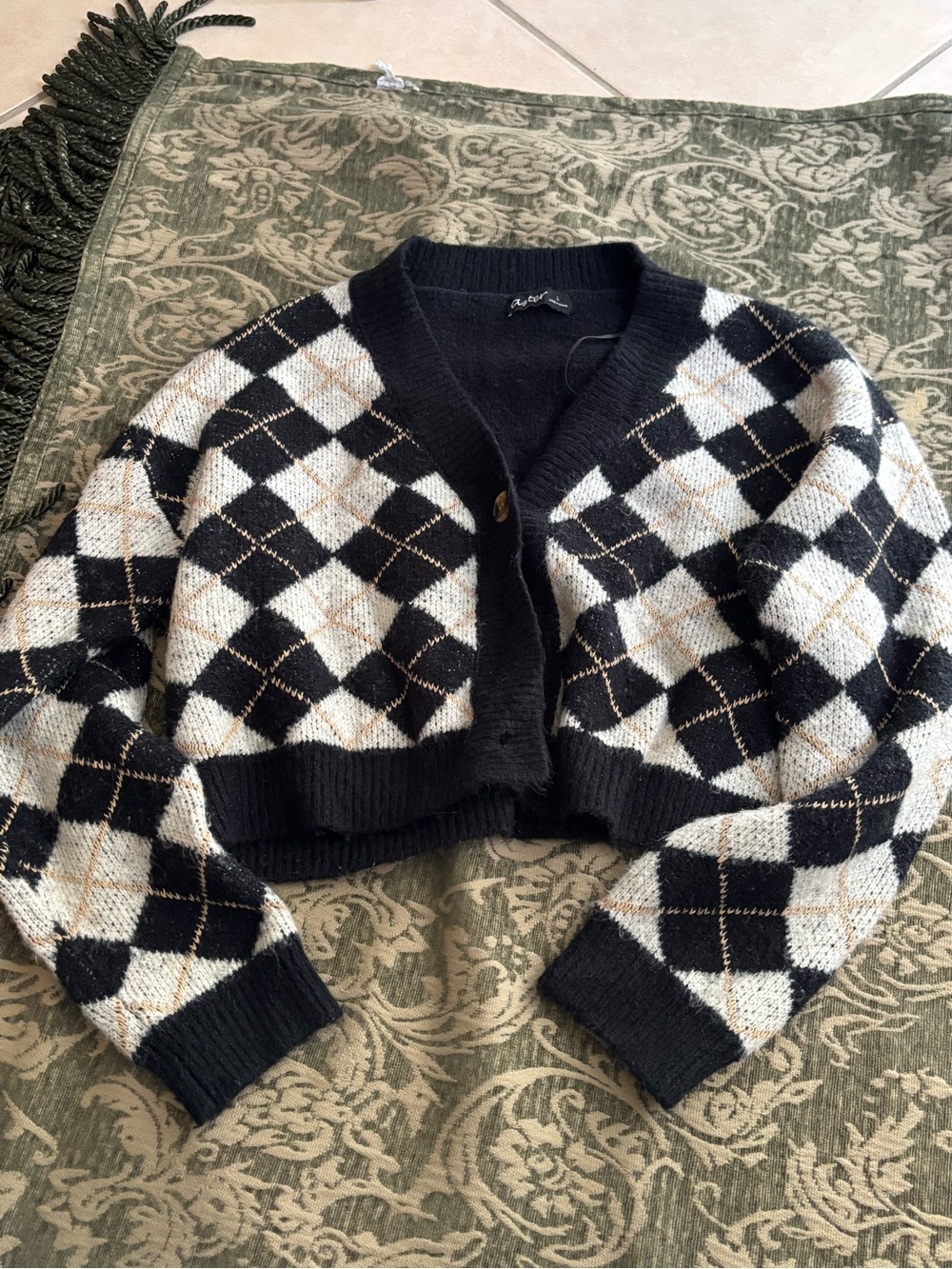 Cropped Argyle Knit Cardigan - Black & Cream